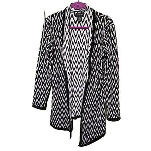 Ladies Focus 2000 Chevron Black And White Striped Lightweight Cardigan,  Sz M